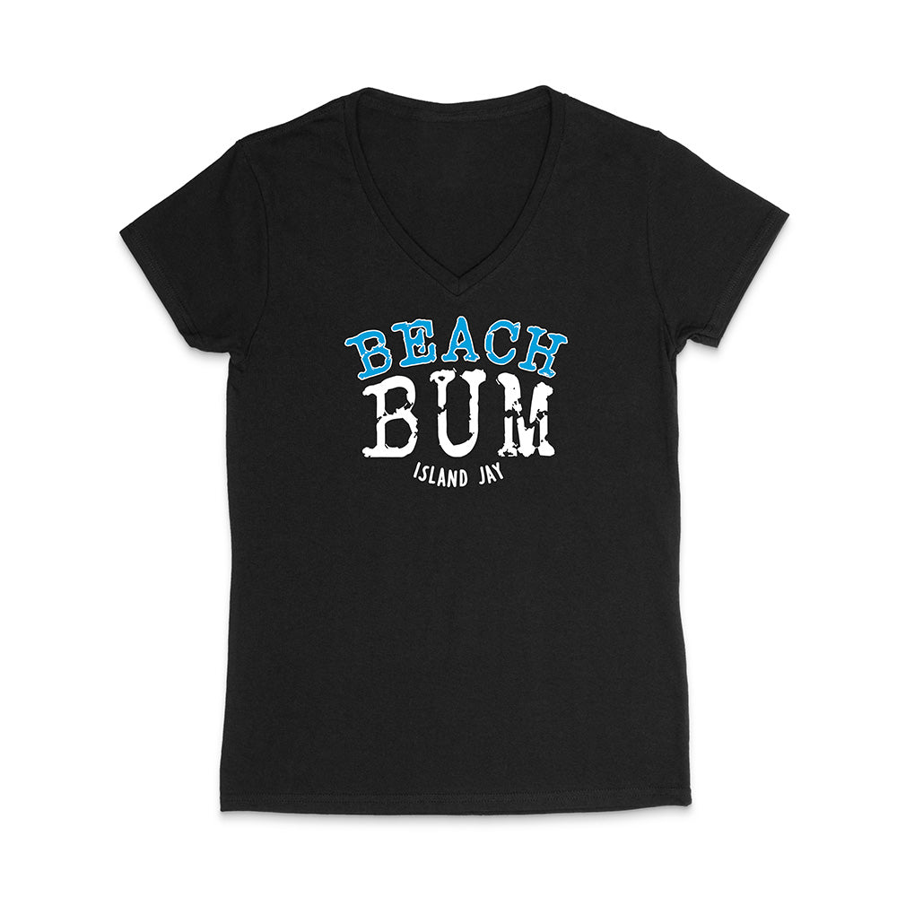 Black t-shirt with 'Beach Bum' text on a white background
