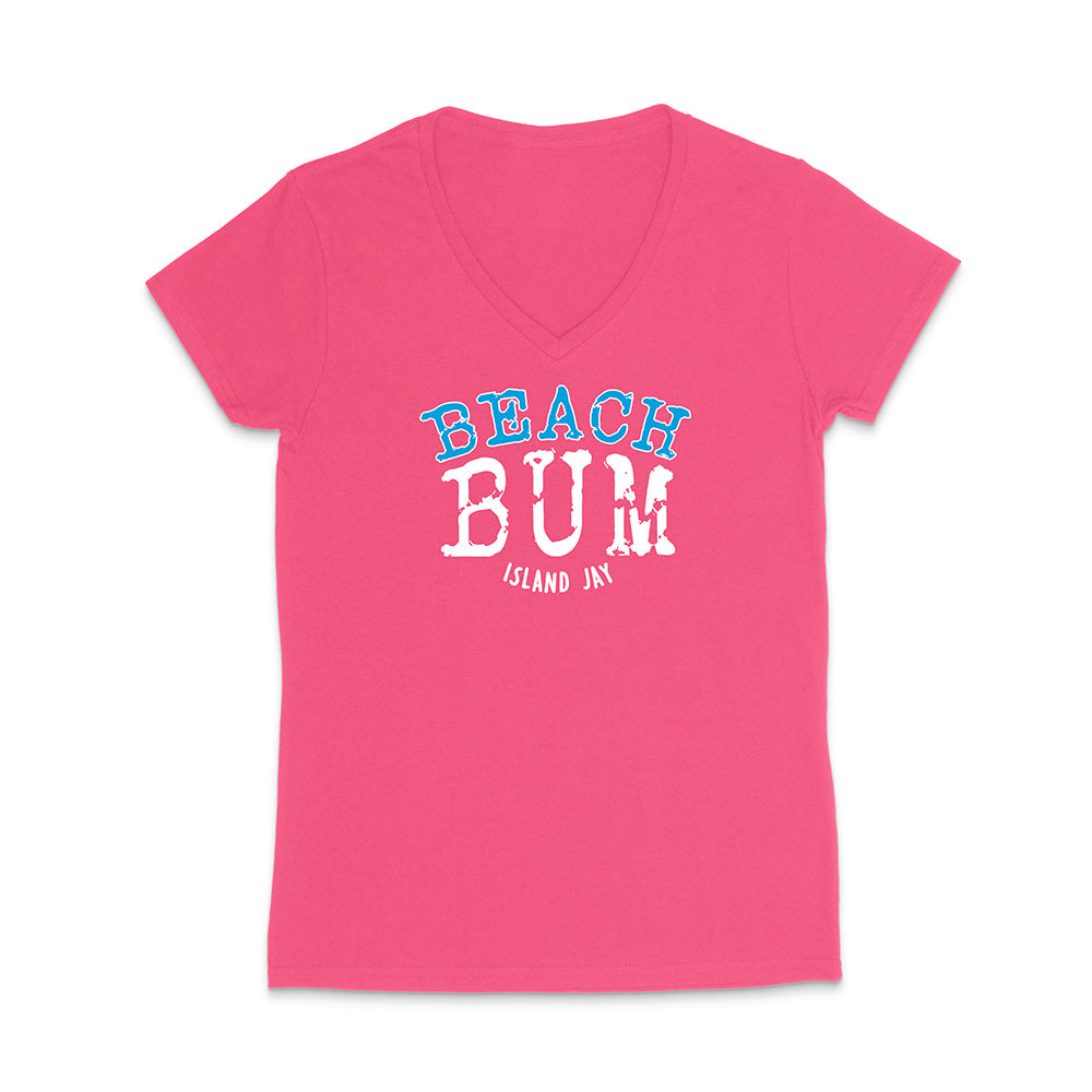 Pink t-shirt with 'Beach Bum' text on a white background