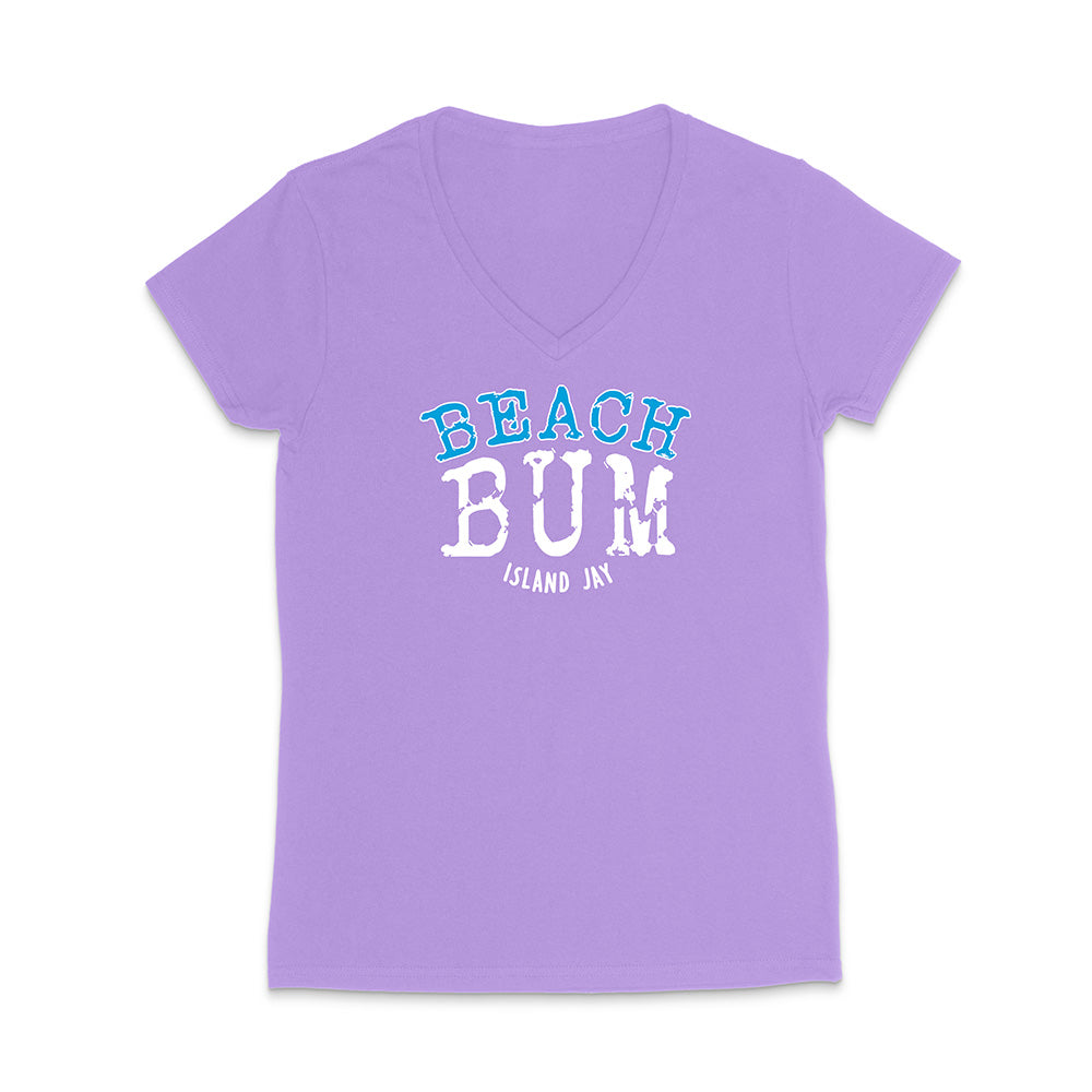 Purple t-shirt with 'Beach Bum' text on a white background