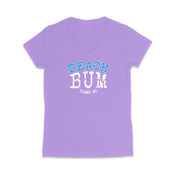 Purple t-shirt with 'Beach Bum' text on a white background