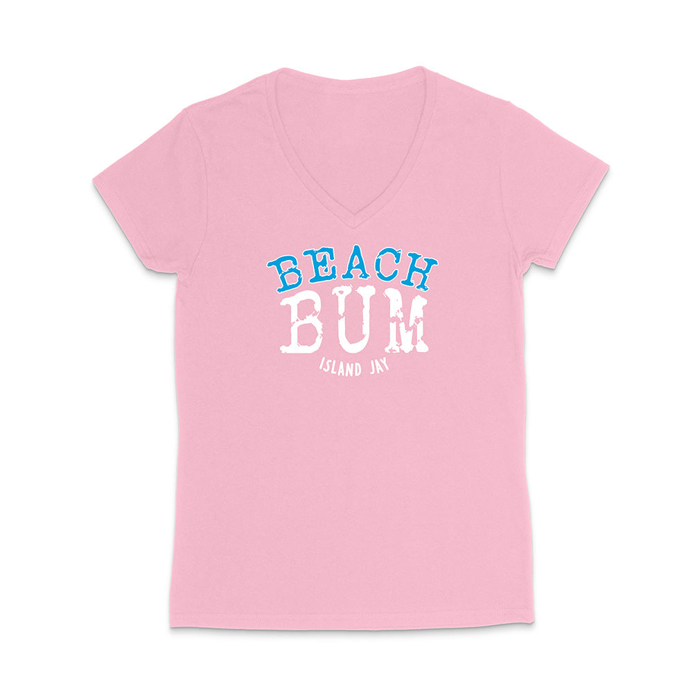 Pink t-shirt with 'Beach Bum' text on a white background