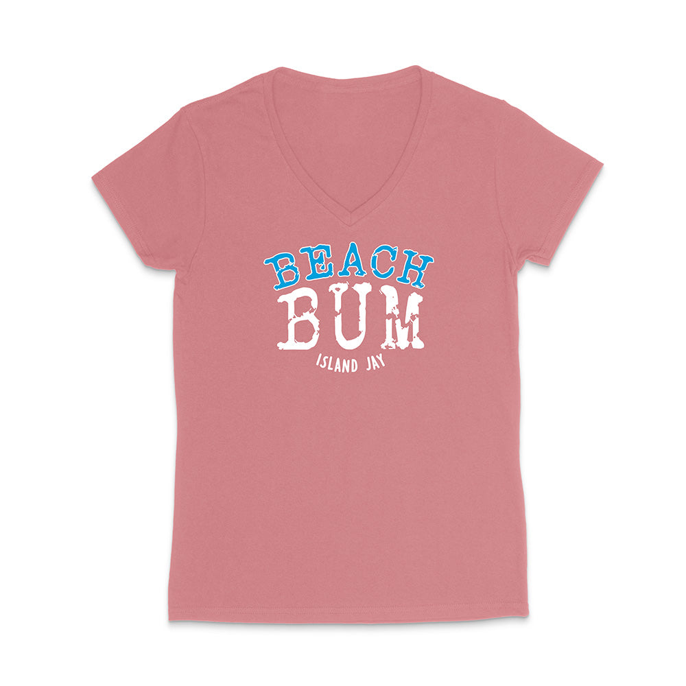 Pink t-shirt with 'Beach Bum' text on a white background