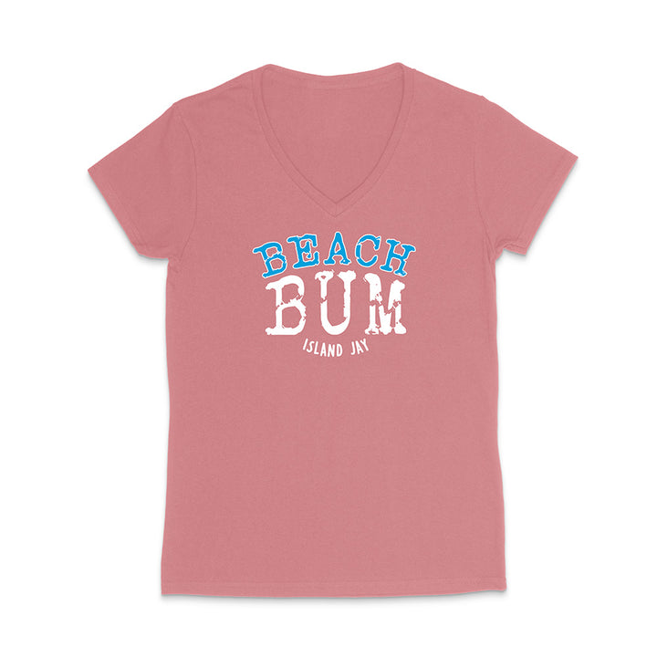 Pink t-shirt with 'Beach Bum' text on a white background