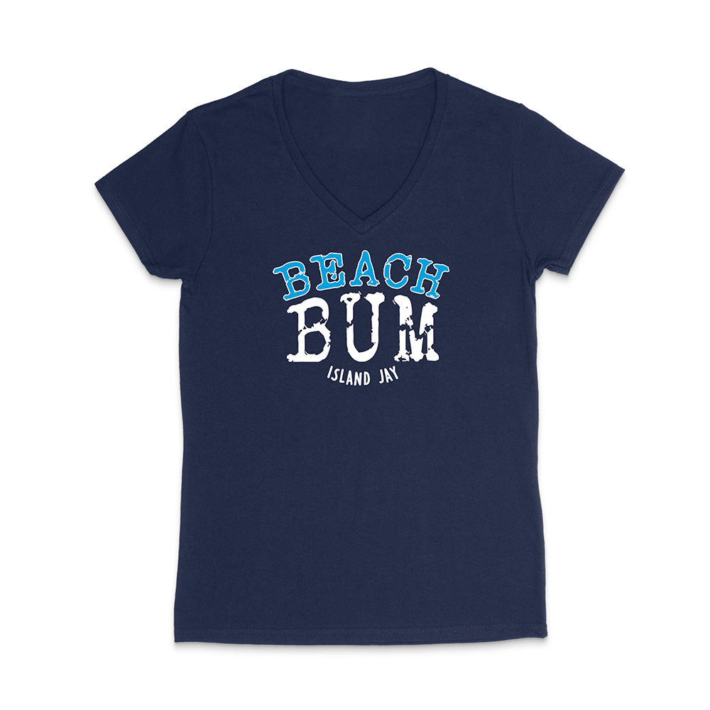 Navy blue t-shirt with 'Beach Bum' text on a white background