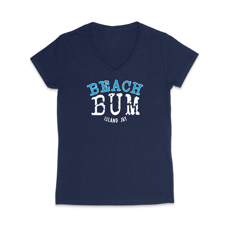 Navy blue t-shirt with 'Beach Bum' text on a white background