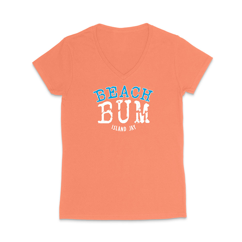 Coral t-shirt with 'Beach Bum' text on a white background