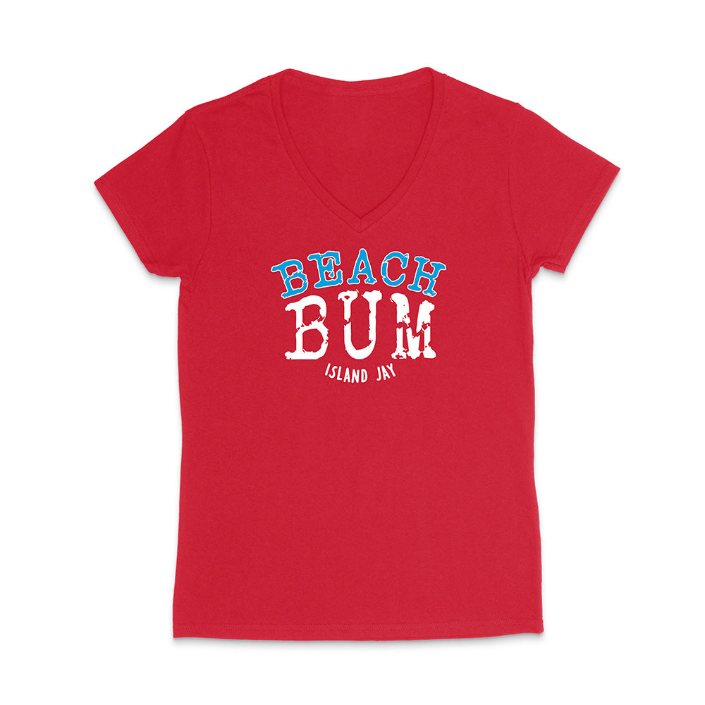 Red V-neck t-shirt with 'Beach Bum' text on a white background