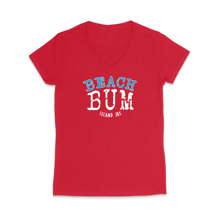 Red V-neck t-shirt with 'Beach Bum' text on a white background