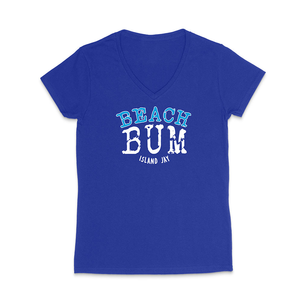 Blue t-shirt with 'Beach Bum' text on a white background