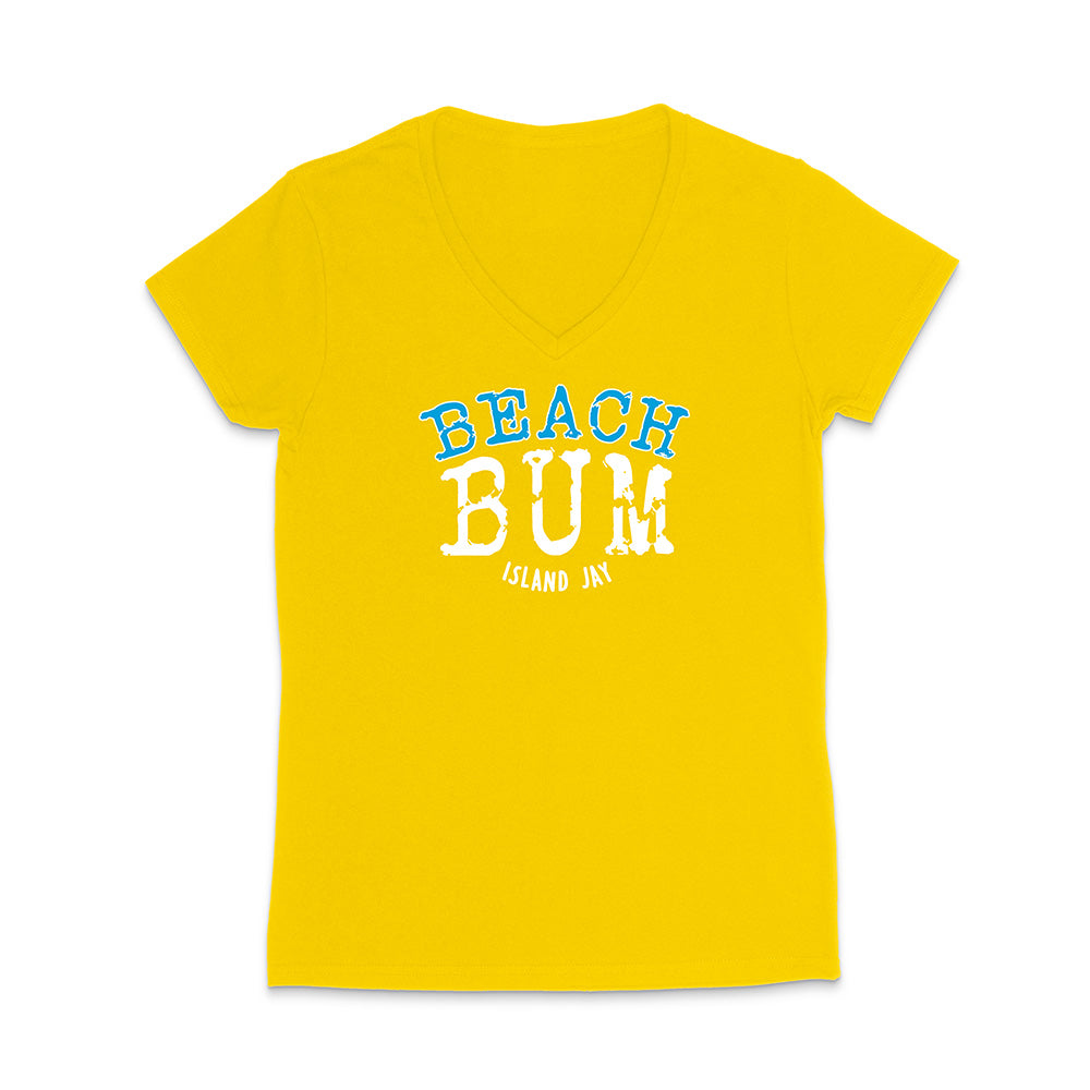 Yellow t-shirt with 'Beach Bum' text on a white background
