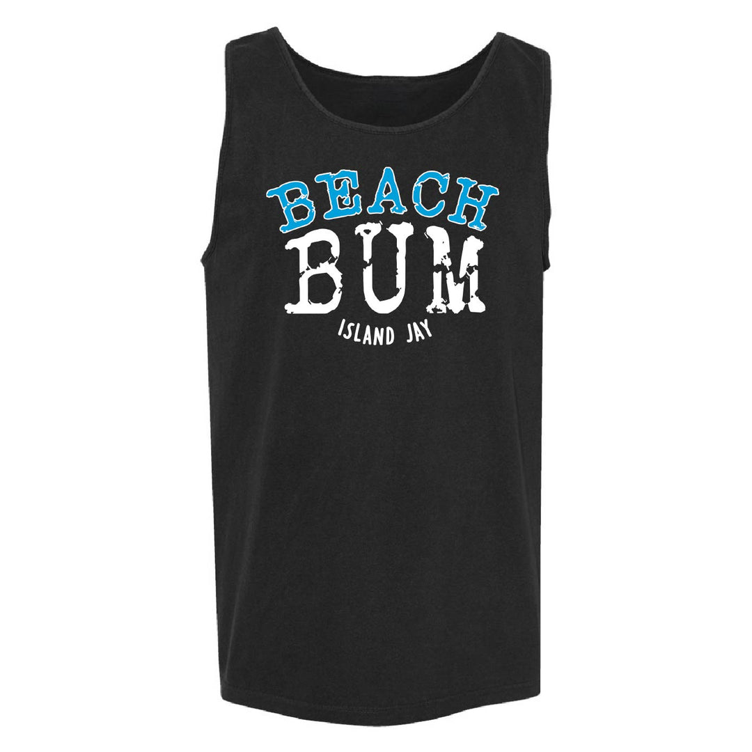 A black sleeveless tank top with a graphic print reading 'BEACH BUM' in blue and white, and 'ISLAND JAY' in smaller white text below, shown on a plain white background.