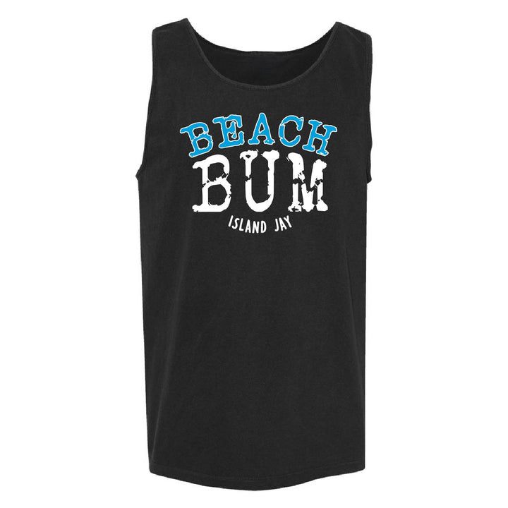 A black sleeveless tank top with a graphic print reading 'BEACH BUM' in blue and white, and 'ISLAND JAY' in smaller white text below, shown on a plain white background.