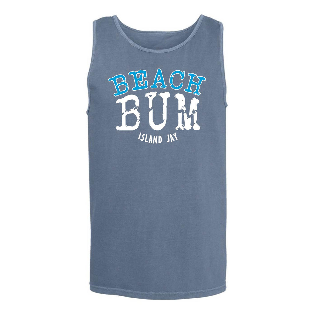 A sleeveless tank top in a heathered slate blue color, featuring a distressed graphic print on the front that reads 'BEACH BUM' in light blue and white, with 'ISLAND JAY' printed below in smaller white text.