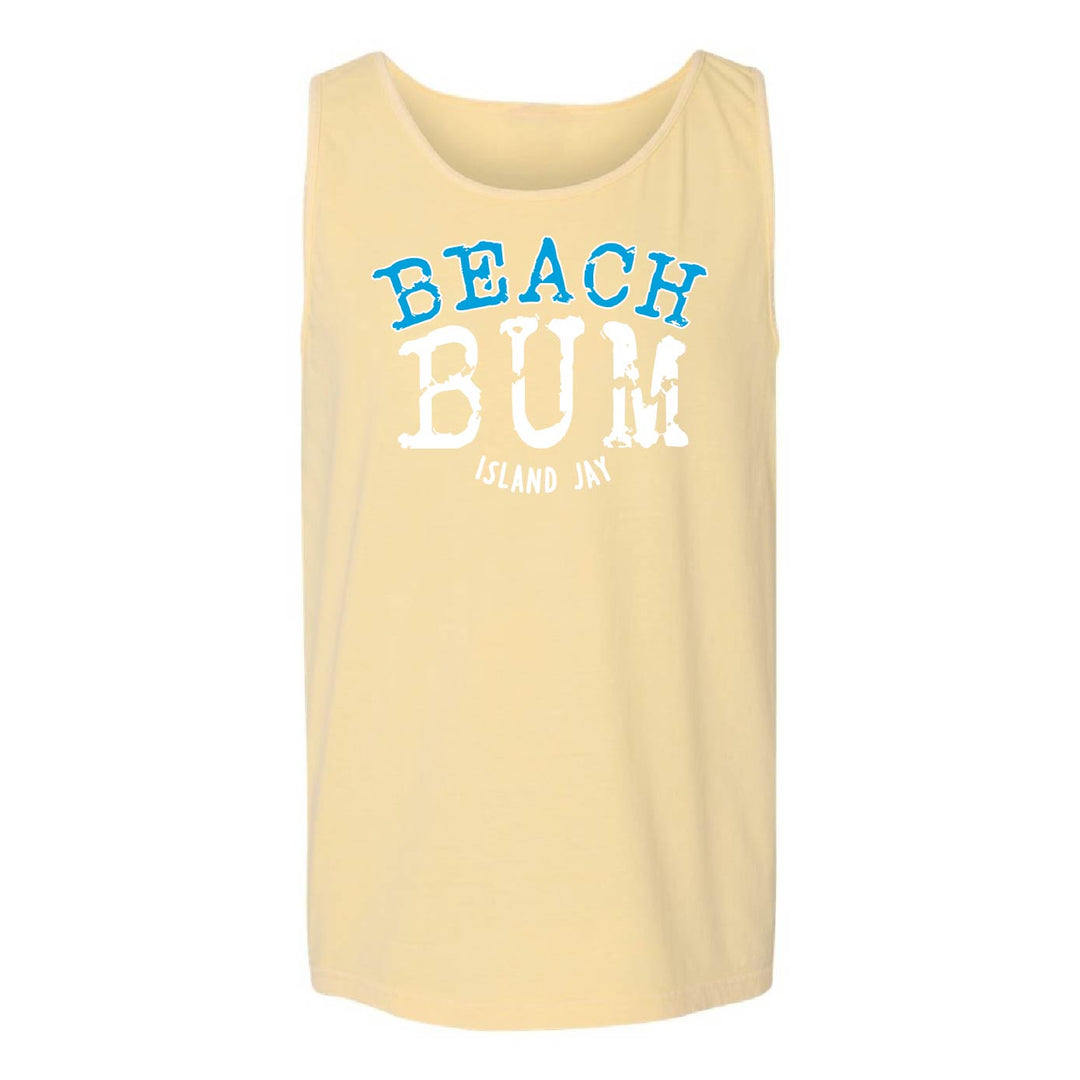 A pale yellow sleeveless tank top with a scoop neck, featuring a graphic print on the front that reads 'BEACH BUM' in blue and white, with 'ISLAND JAY' printed below in smaller white text.