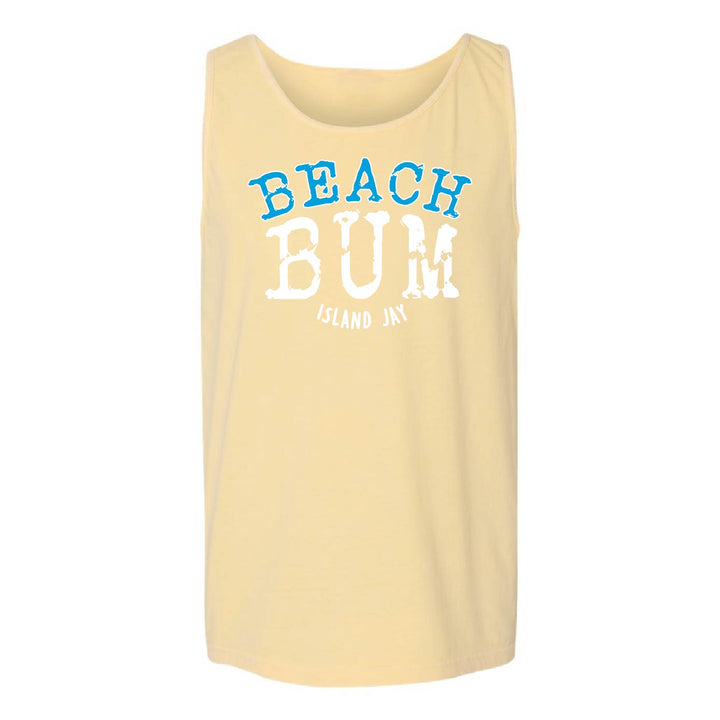 A pale yellow sleeveless tank top with a scoop neck, featuring a graphic print on the front that reads 'BEACH BUM' in blue and white, with 'ISLAND JAY' printed below in smaller white text.