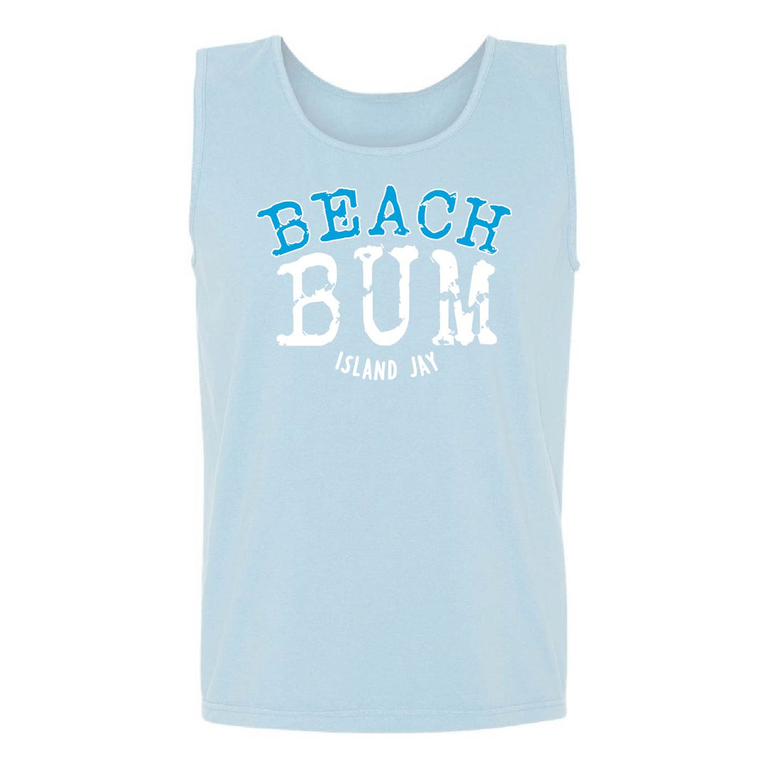 A light blue sleeveless tank top with 'BEACH BUM ISLAND JAY' printed on the front in blue and white, shown against a plain white background.