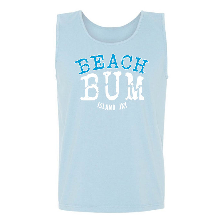 A light blue sleeveless tank top with 'BEACH BUM ISLAND JAY' printed on the front in blue and white, shown against a plain white background.
