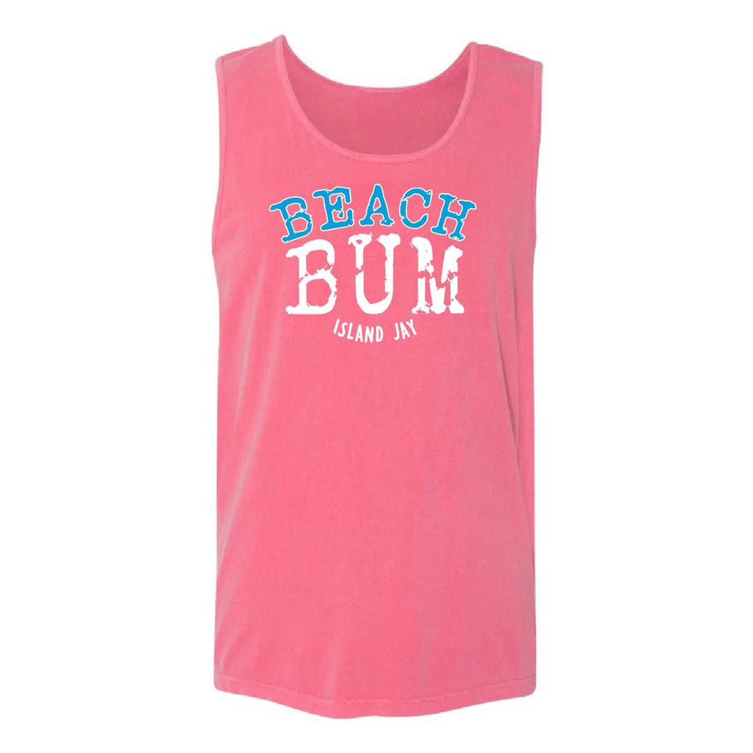 A pink sleeveless tank top with a scoop neck, featuring a graphic print on the front that reads 'BEACH BUM' in blue and white, with 'ISLAND JAY' printed below in smaller white text.