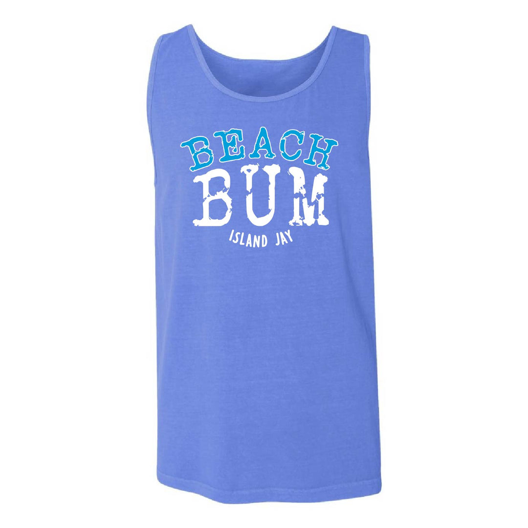 A sleeveless tank top in a periwinkle blue color, featuring a graphic print on the front that reads 'BEACH BUM' in light blue and white, with 'ISLAND JAY' printed below in white.