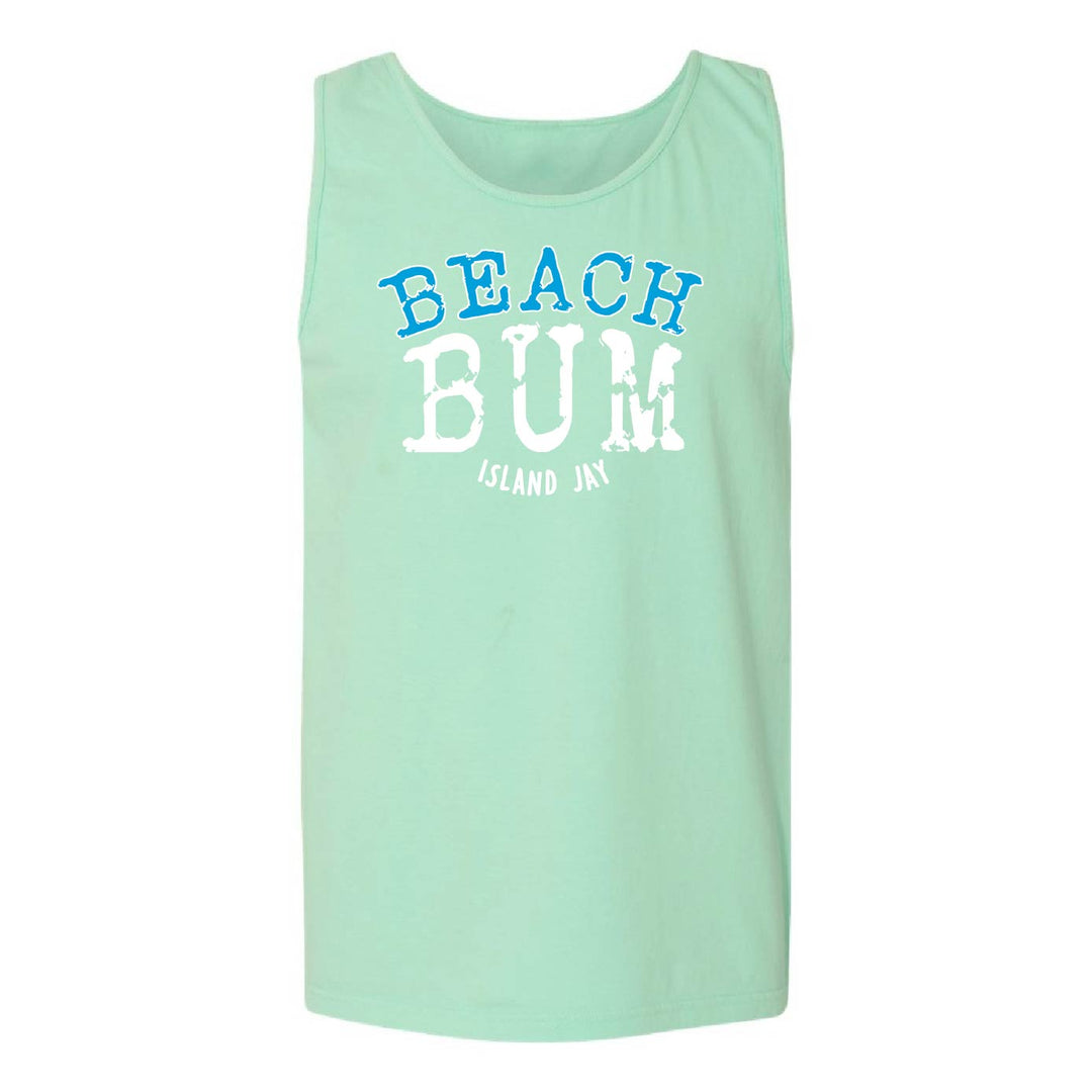 A mint green sleeveless tank top with a graphic print on the front reading 'BEACH BUM' in blue and white, and 'ISLAND JAY' underneath in white, shown against a plain white background.