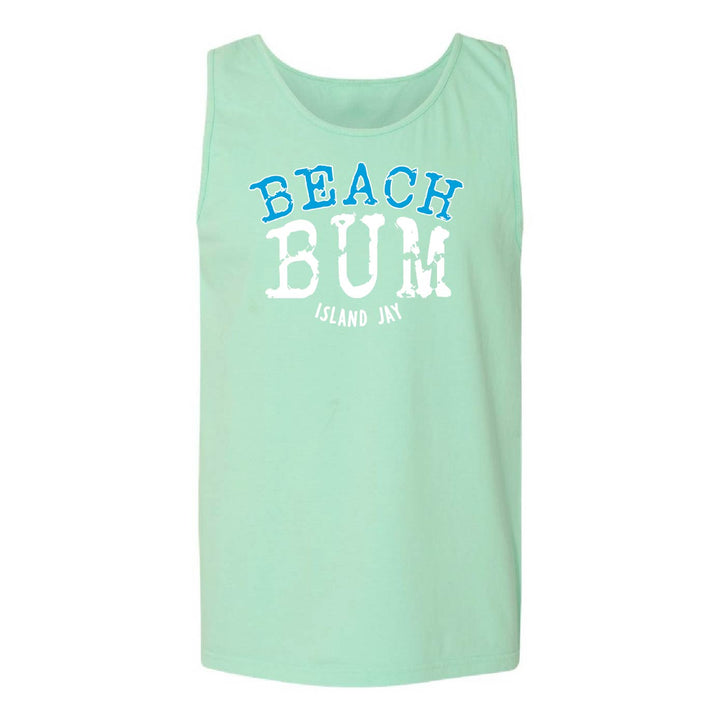 A mint green sleeveless tank top with a graphic print on the front reading 'BEACH BUM' in blue and white, and 'ISLAND JAY' underneath in white, shown against a plain white background.