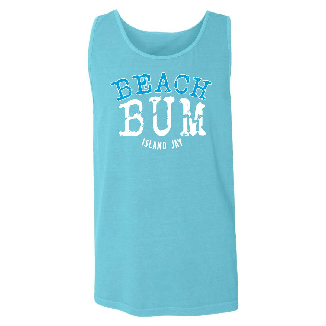 A light blue sleeveless tank top with a white graphic print reading 'BEACH BUM ISLAND JAY' on the front, displayed against a plain white background.