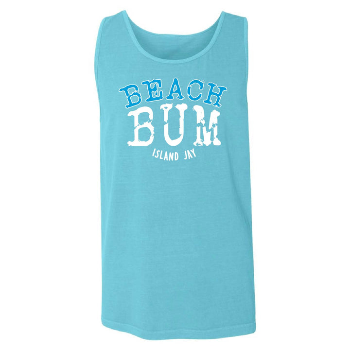 A light blue sleeveless tank top with a white graphic print reading 'BEACH BUM ISLAND JAY' on the front, displayed against a plain white background.