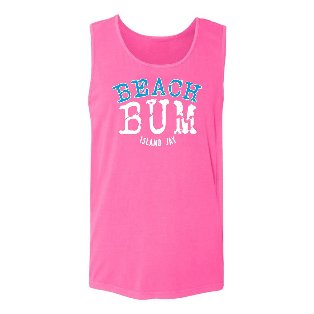 A bright pink sleeveless tank top with 'BEACH BUM' printed in blue and white on the front, along with 'ISLAND JAY' in smaller white text below, shown against a plain white background.