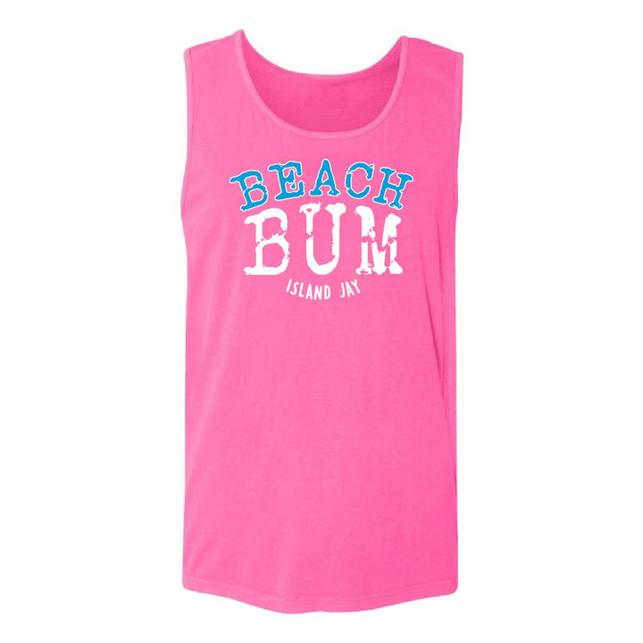 A bright pink sleeveless tank top with 'BEACH BUM' printed in blue and white on the front, along with 'ISLAND JAY' in smaller white text below, shown against a plain white background.