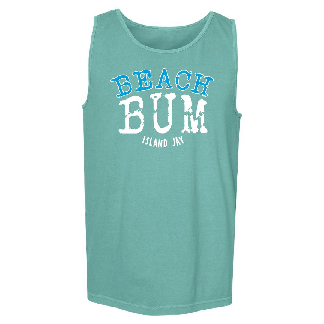 A sleeveless tank top in a heathered teal-green color, featuring a graphic print on the front that reads 'BEACH BUM' in blue and white, with 'ISLAND JAY' printed below in smaller white text.