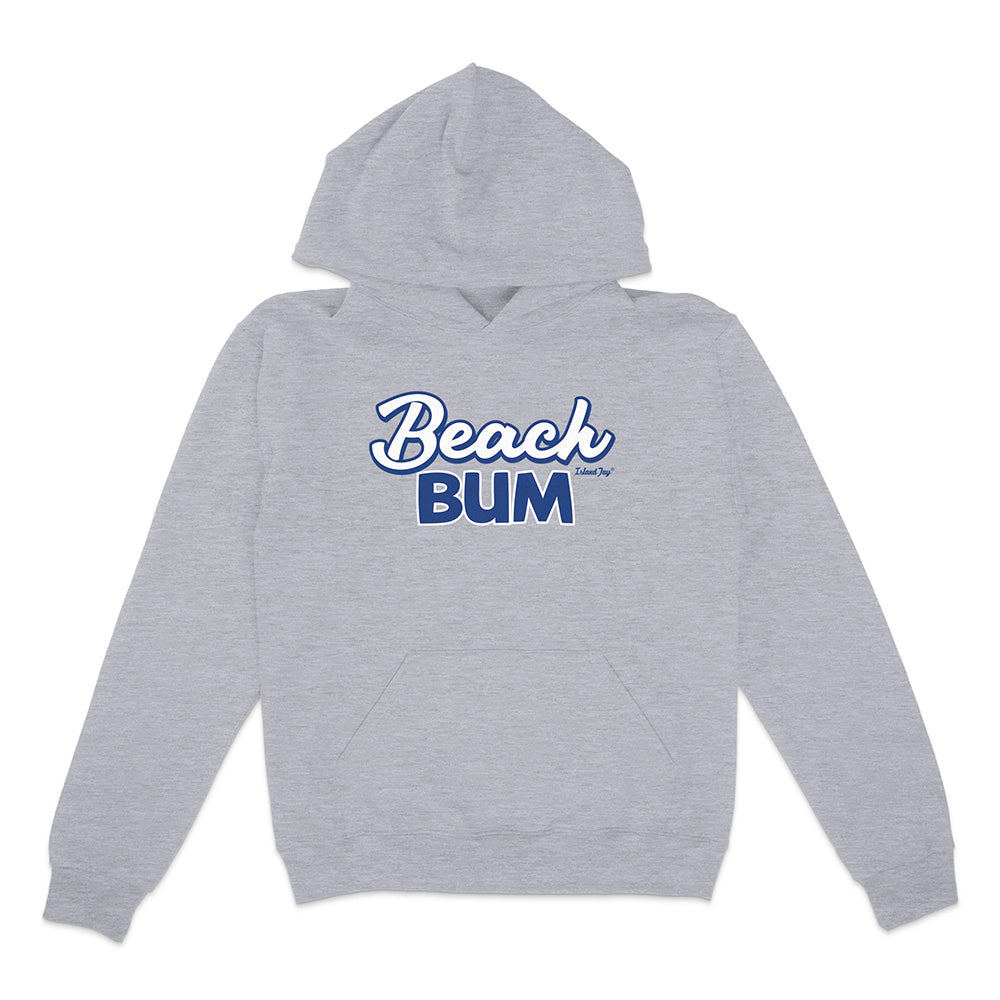 Gray hoodie with 'Beach Bum' text on a white background