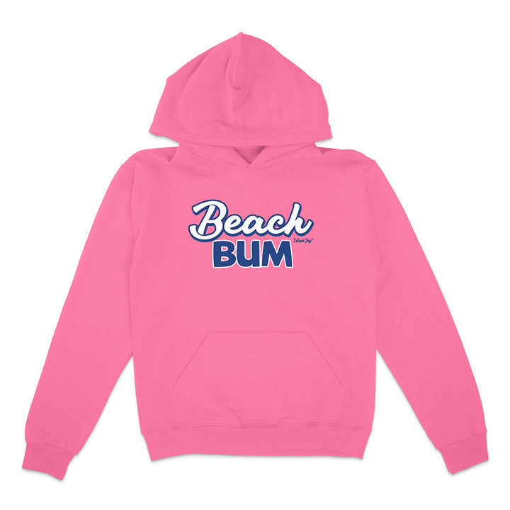 Pink hoodie with 'Beach Bum' text on a white background