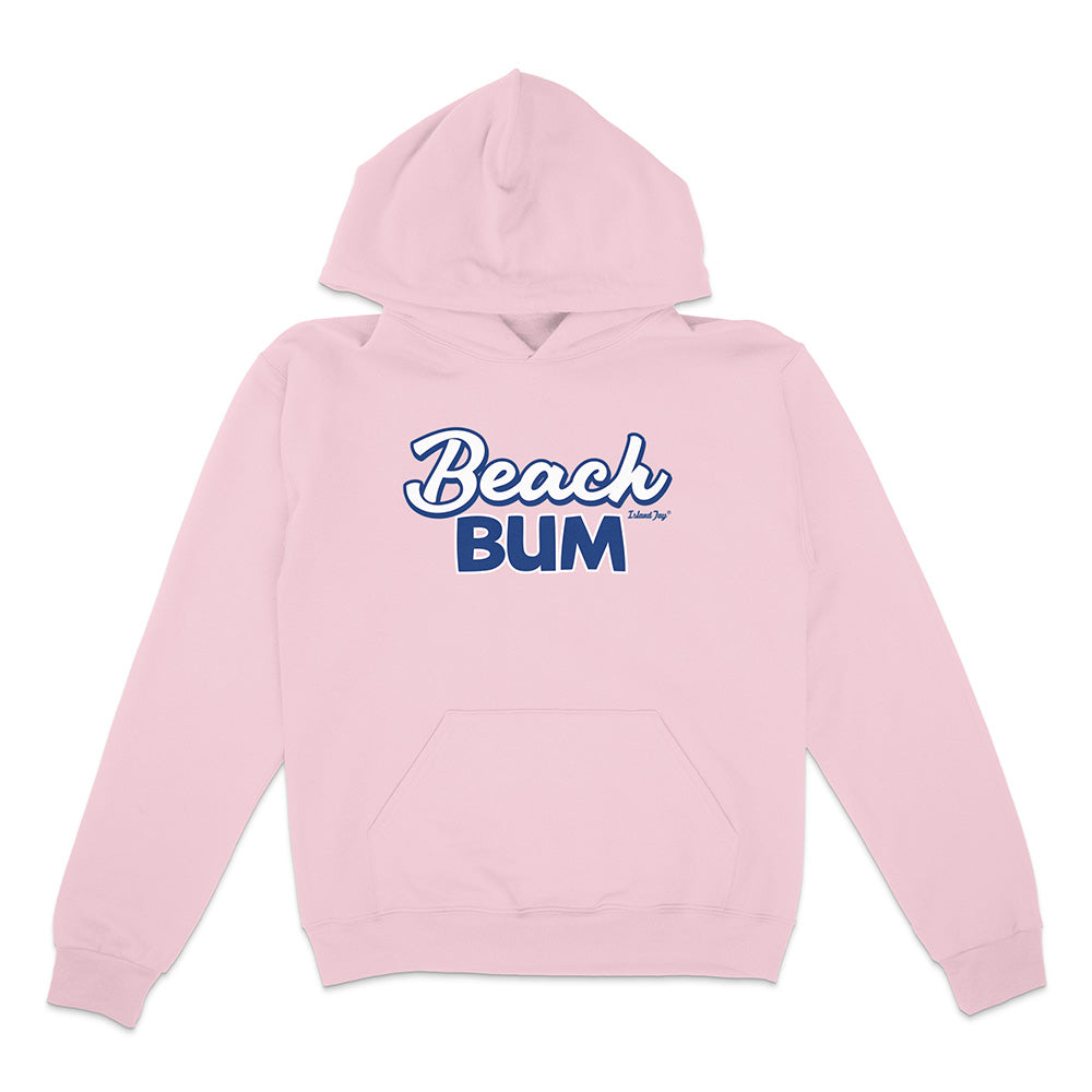 Pink hoodie with 'Beach Bum' text on a white background