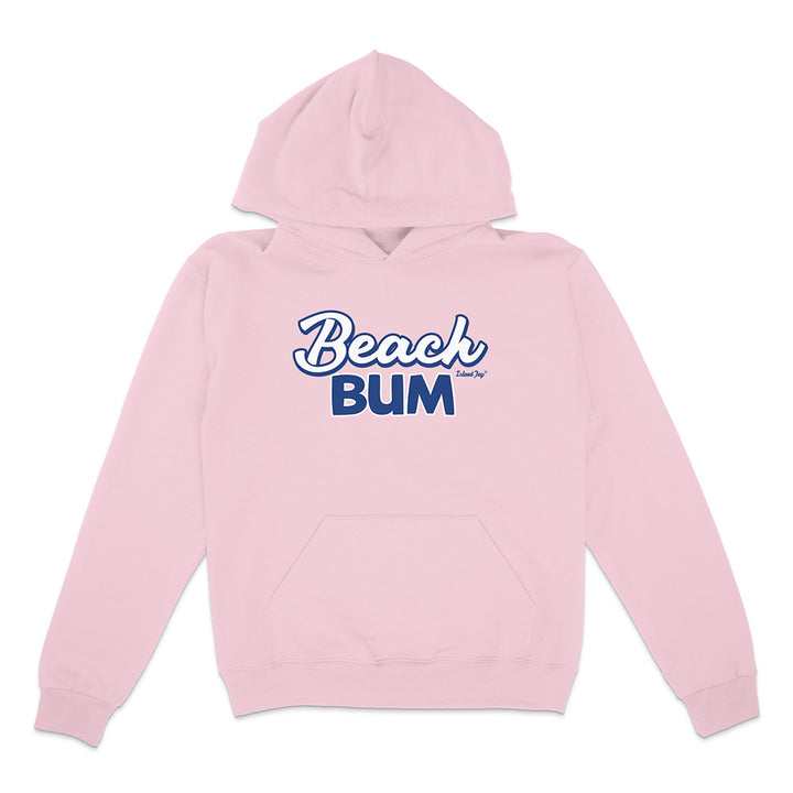 Pink hoodie with 'Beach Bum' text on a white background