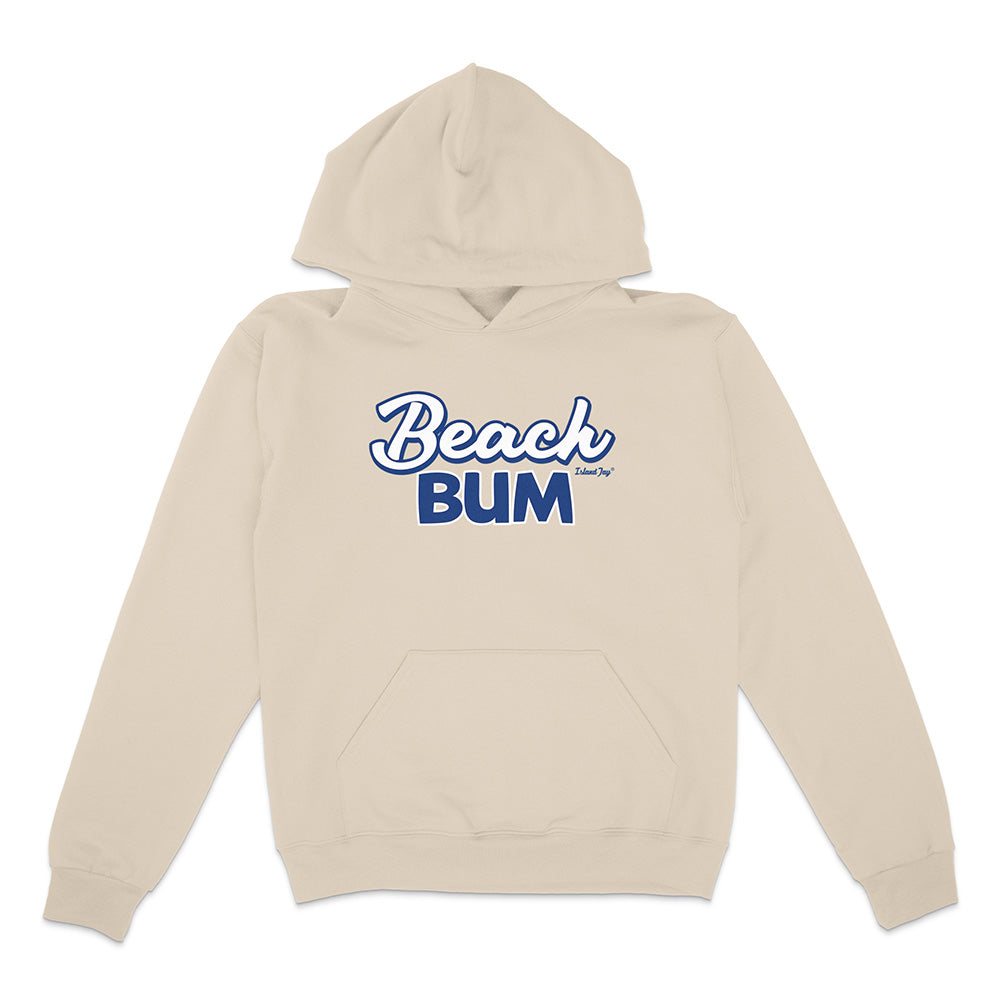 Beige hoodie with 'Beach Bum' text on a white background