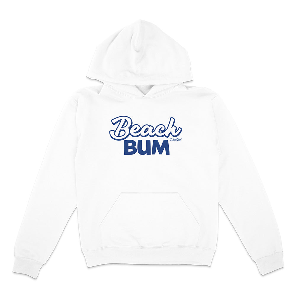 White hoodie with 'Beach Bum' text in blue on a white background