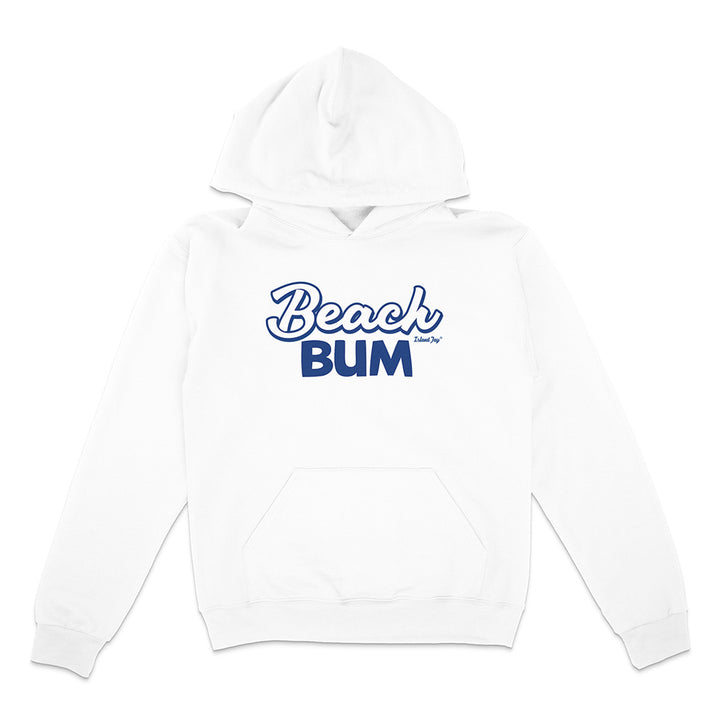White hoodie with 'Beach Bum' text in blue on a white background