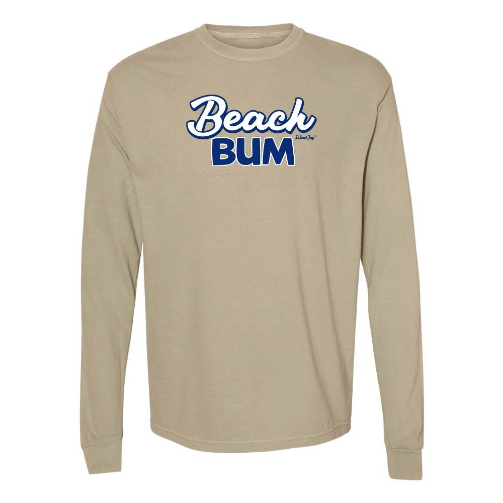 Khaki long-sleeve with 'Beach Bum' graphic text.