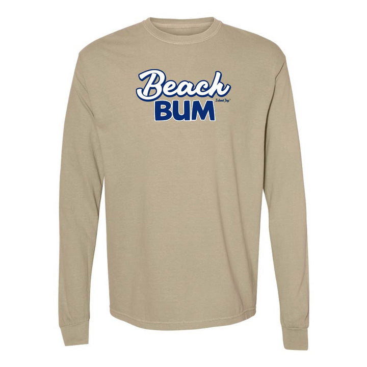 Khaki long-sleeve with 'Beach Bum' graphic text.