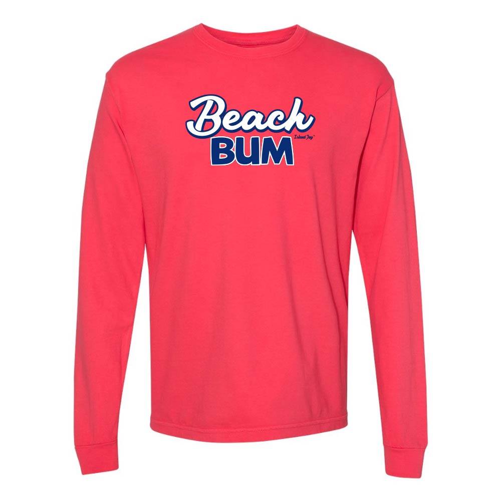 Red long-sleeve with 'Beach Bum' graphic text.