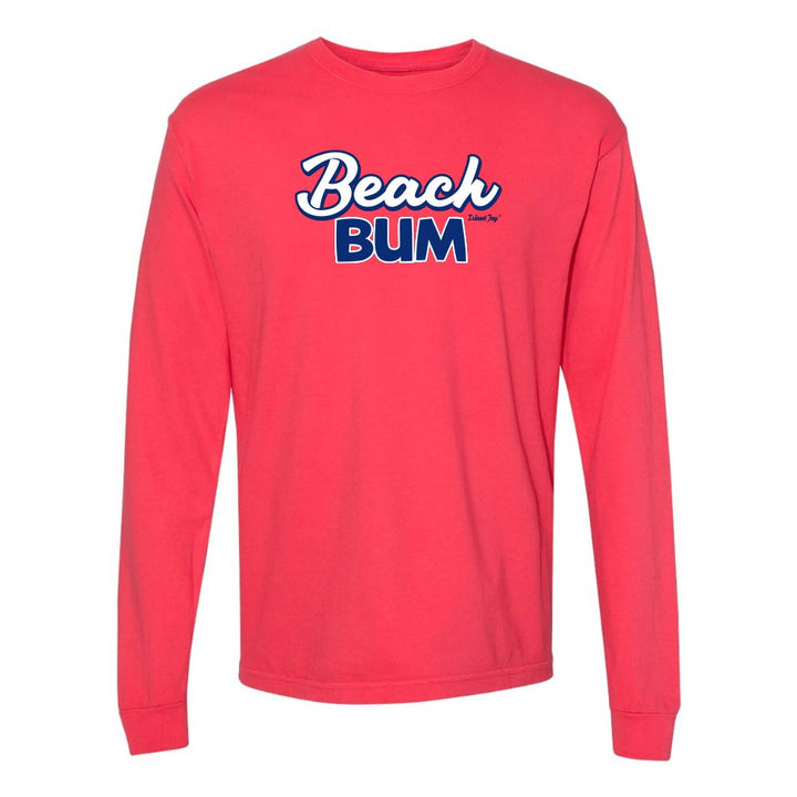 Red long-sleeve with 'Beach Bum' graphic text.
