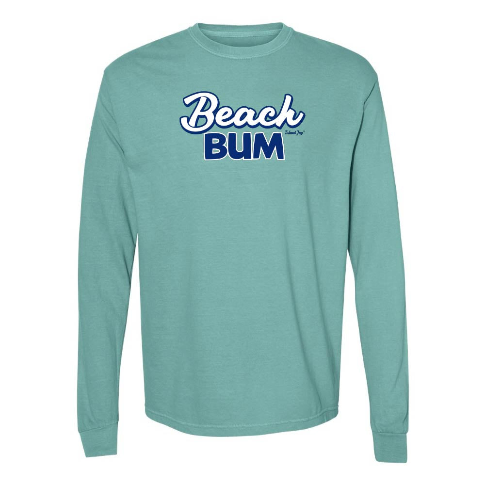 Teal long-sleeve with 'Beach Bum' graphic text.