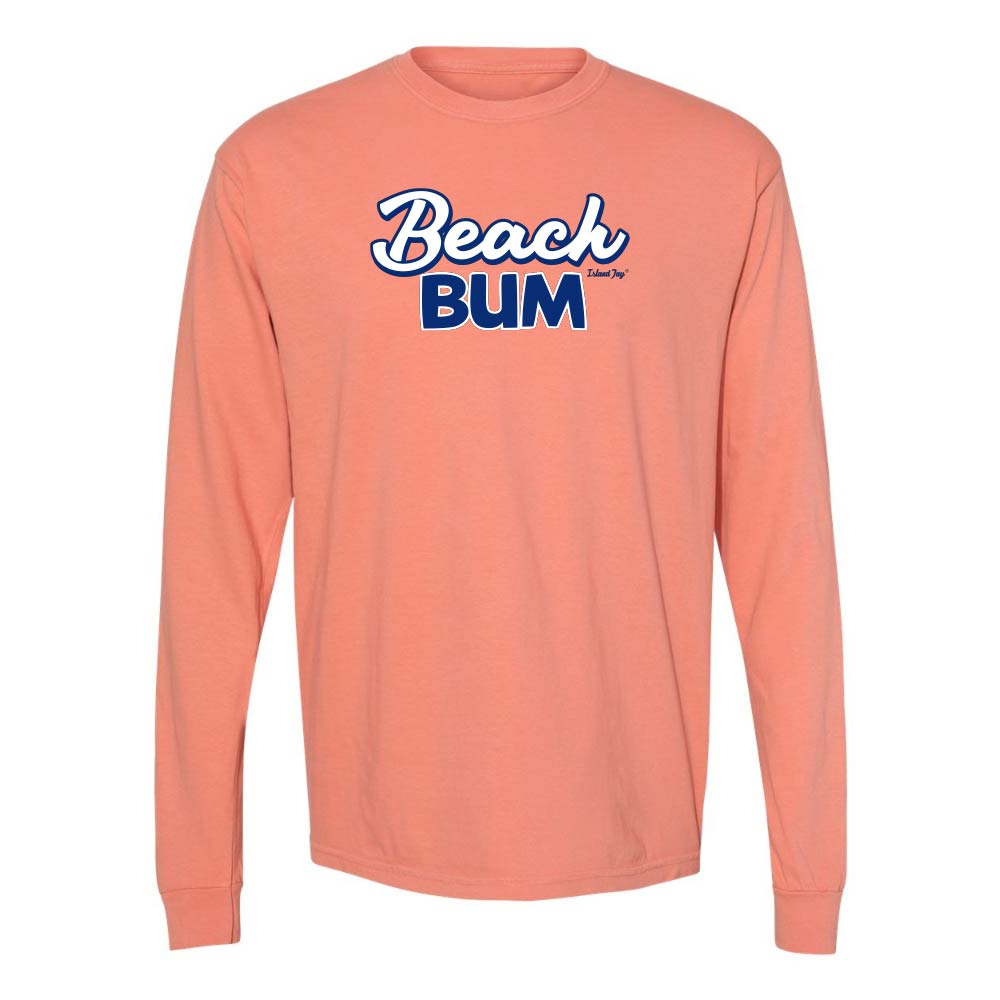 Light orange long-sleeve with 'Beach Bum' graphic text.