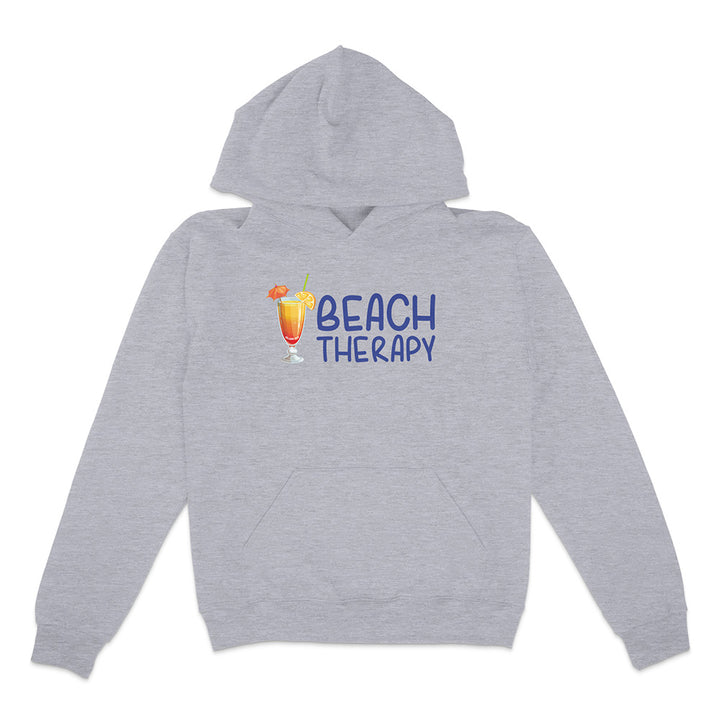Gray hoodie with 'Beach Therapy' text and cocktail graphic on a white background