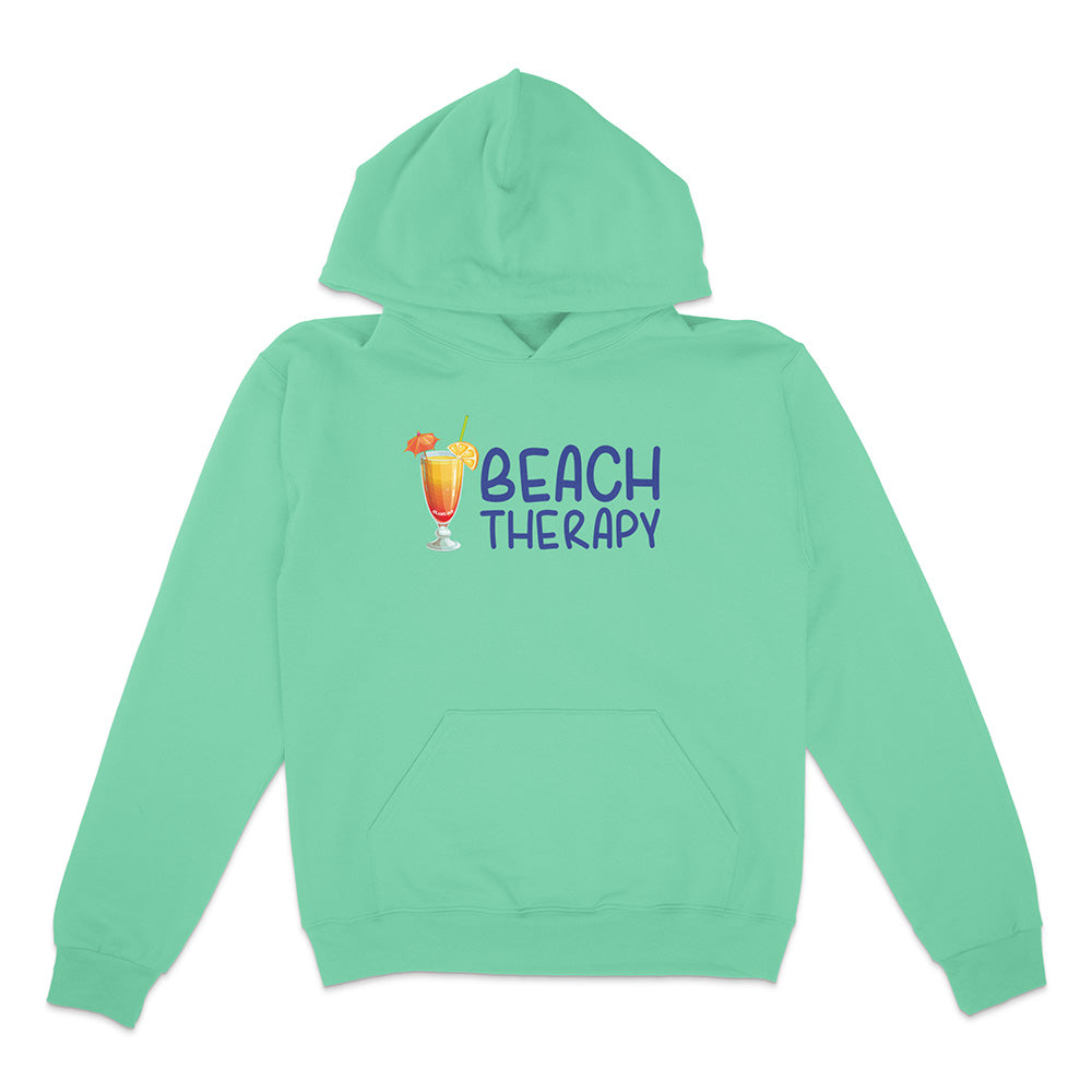 Mint green hoodie with 'Beach Therapy' text and cocktail graphic on a white background