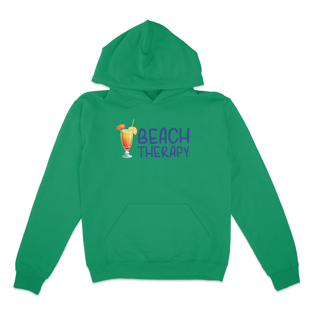 Green hoodie with 'Beach Therapy' text and cocktail graphic on a white background