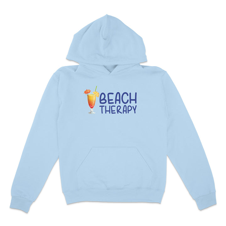 Light blue hoodie with 'Beach Therapy' text and cocktail graphic on a white background