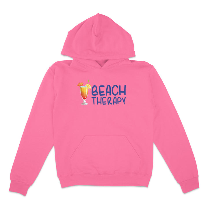 Pink hoodie with 'Beach Therapy' text and cocktail graphic on a white background