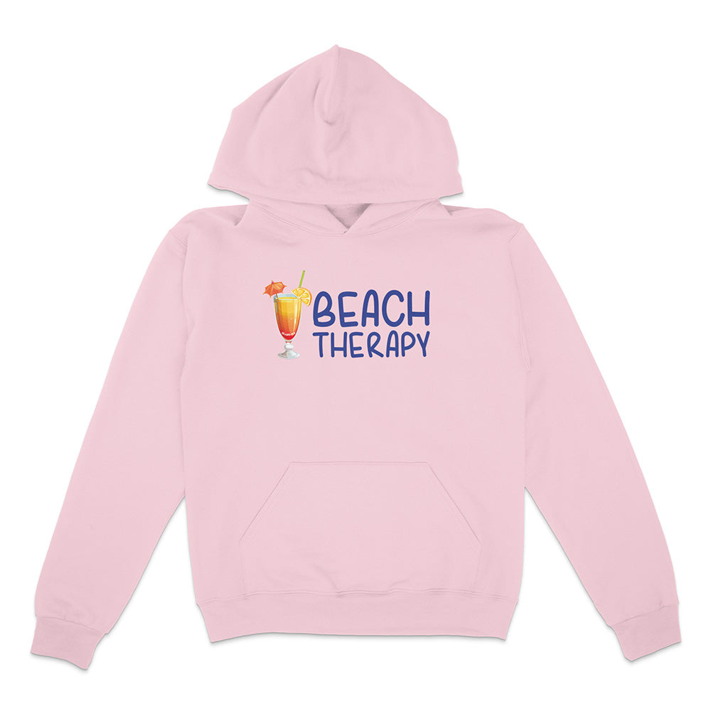Pink hoodie with 'Beach Therapy' text and cocktail graphic on a white background