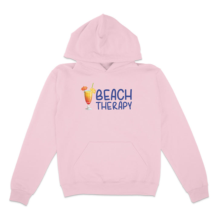 Pink hoodie with 'Beach Therapy' text and cocktail graphic on a white background